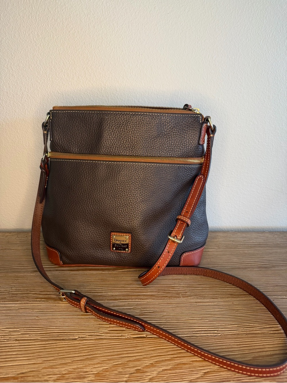 Dooney & Bourke Dark Brown Pebbled Leather Crossbody with Tan Trim